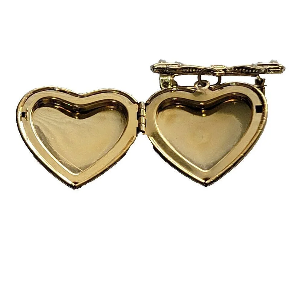 Heart Locket Pendant Brooch Pin Gold Tone Etched Floral Bow Design Faux Pearl